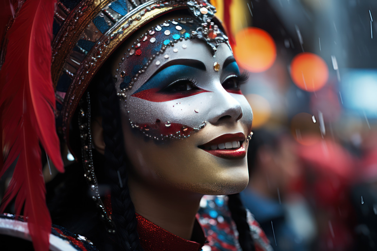 Masks in rain adding mystery to carnival elegance, carnival festival pictures