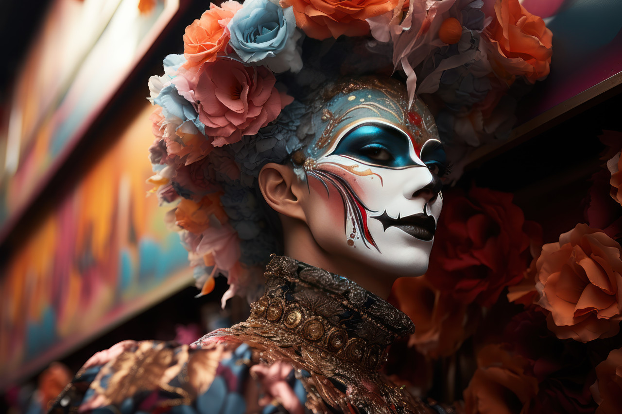 Contemporary flair in venetian carnival street artist mural, festive carnival photos