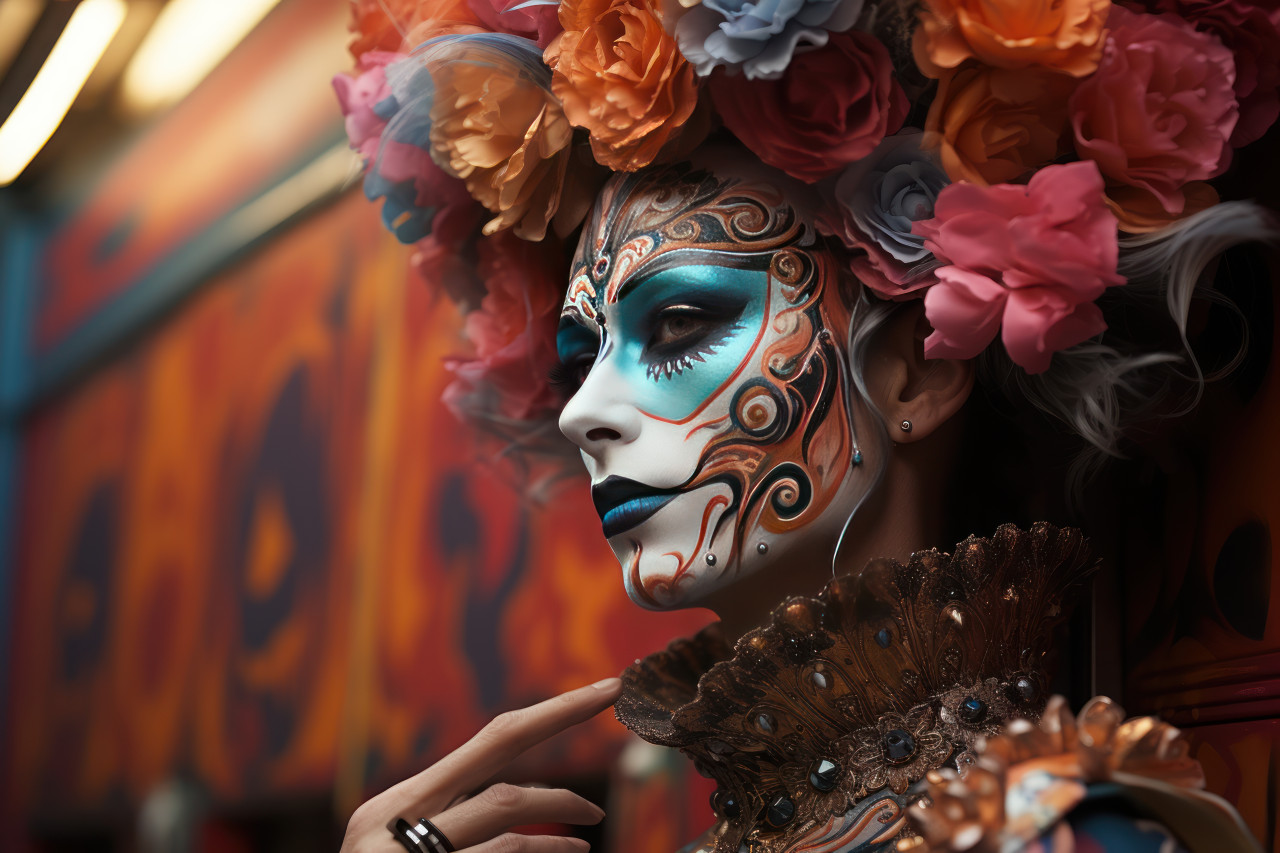 Street mural echoing venetian carnival tradition, festive carnival photos