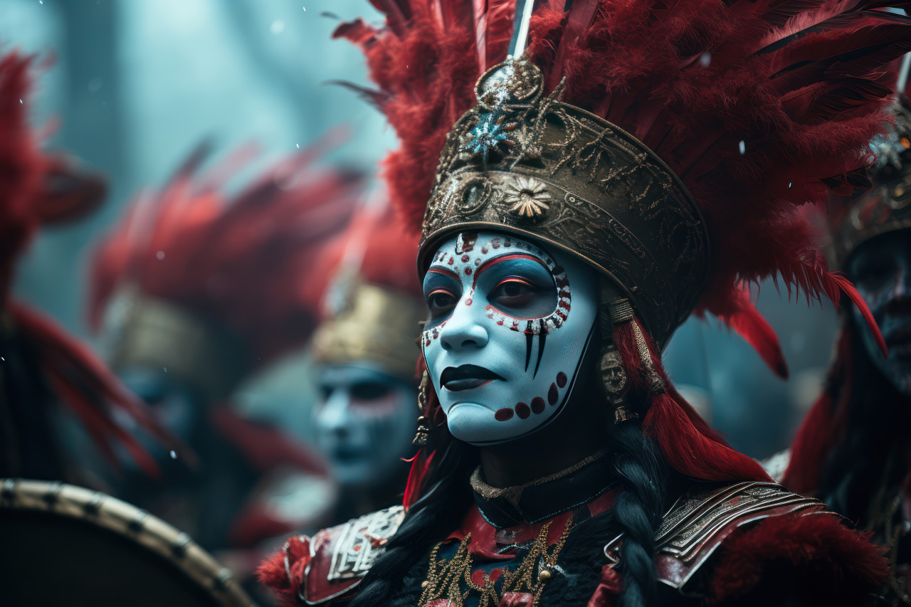 Carnival drummers in mystic masks, carnival festival pictures