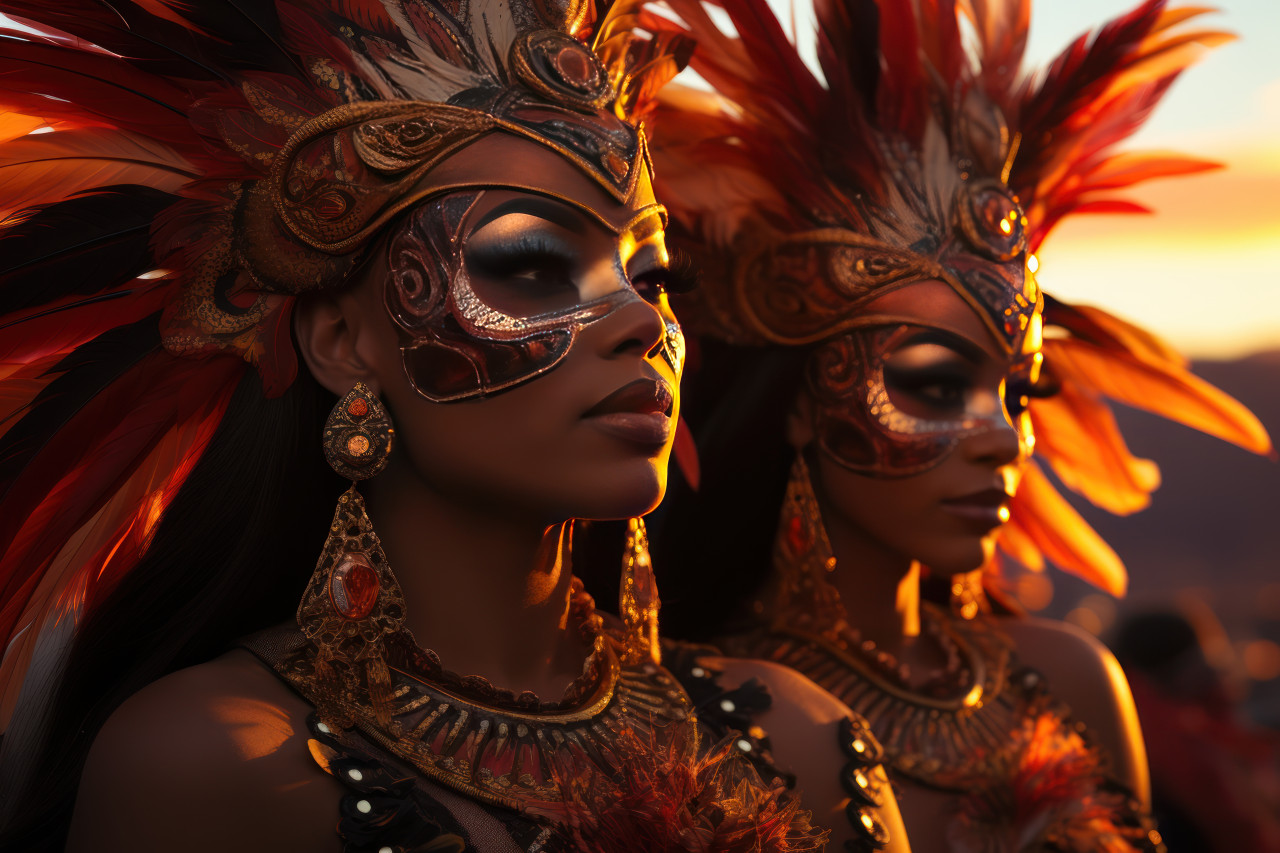 Carnival masks in sunset glow, colorful carnival images