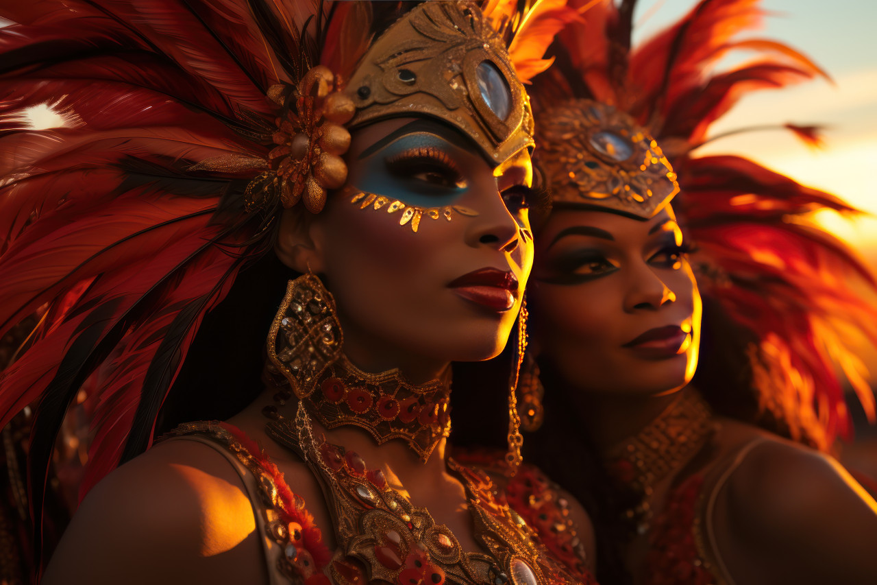 Golden hour revelry carnival masks amidst sunset, colorful carnival images