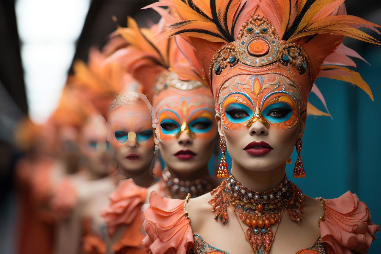 Carnival masks transforming runway glamour, festive carnival photos
