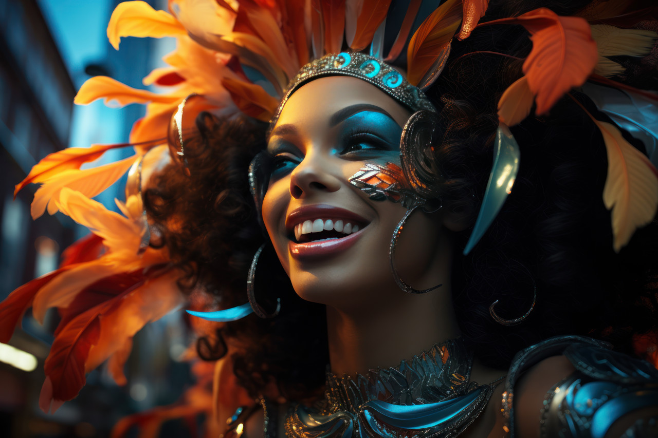 Dancing in the parade carnival masked woman in night glow, colorful carnival images