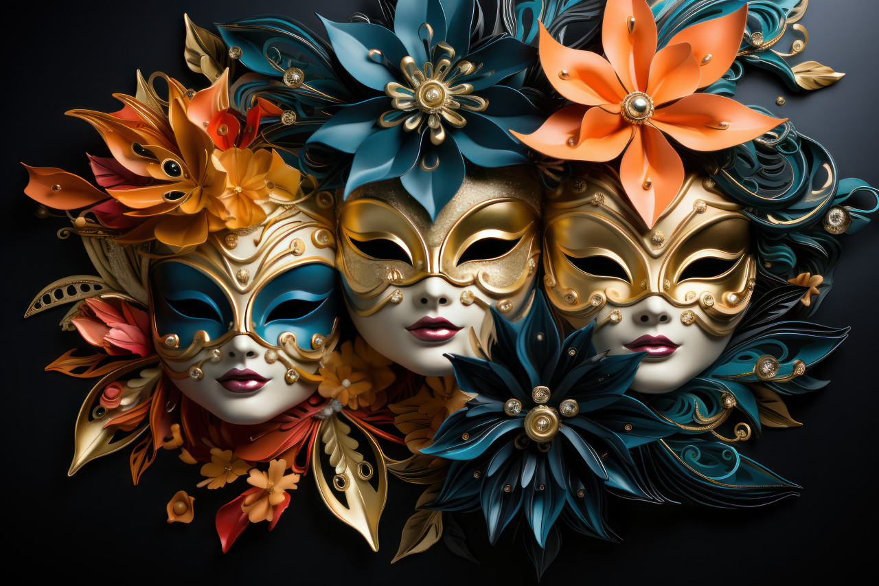 Shadows feathers and jewels define mask stories, carnival festival pictures