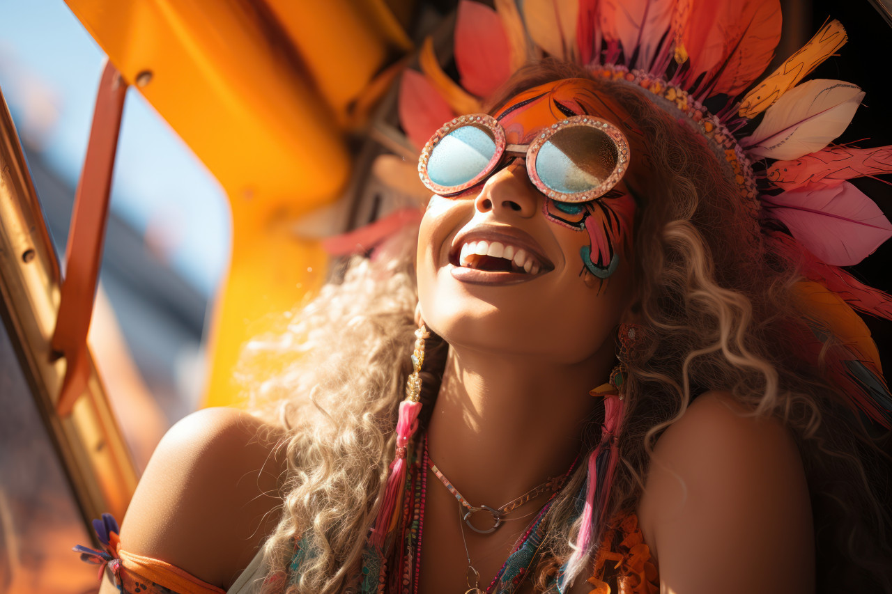 Masked woman excitement a top ferris wheel, colorful carnival images