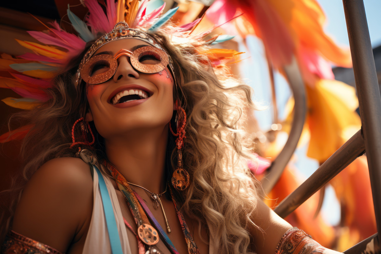Masked excitement woman enjoying carnival, colorful carnival images