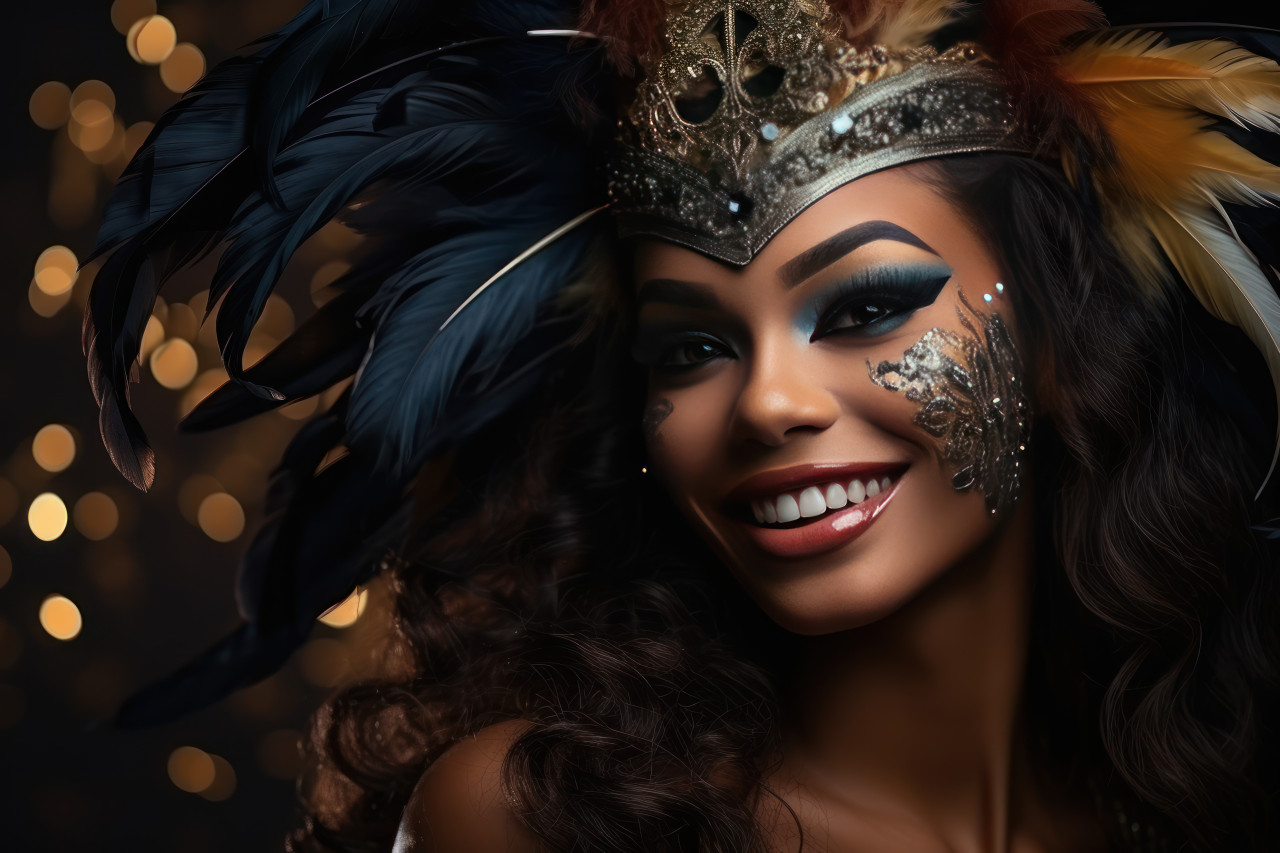 Woman radiates in luxurious carnival mask, carnival festival pictures