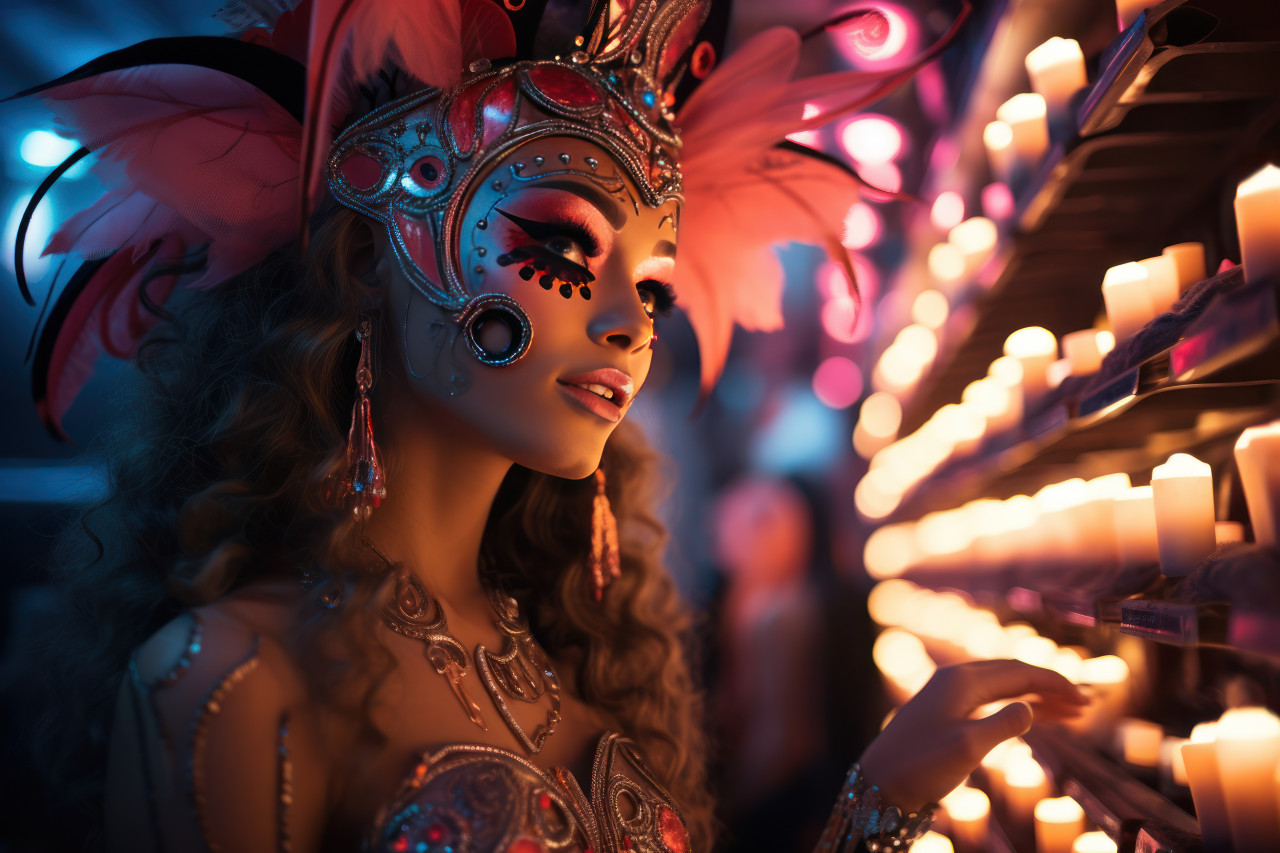 Woman explores carnival labyrinth in mask, festive carnival photos