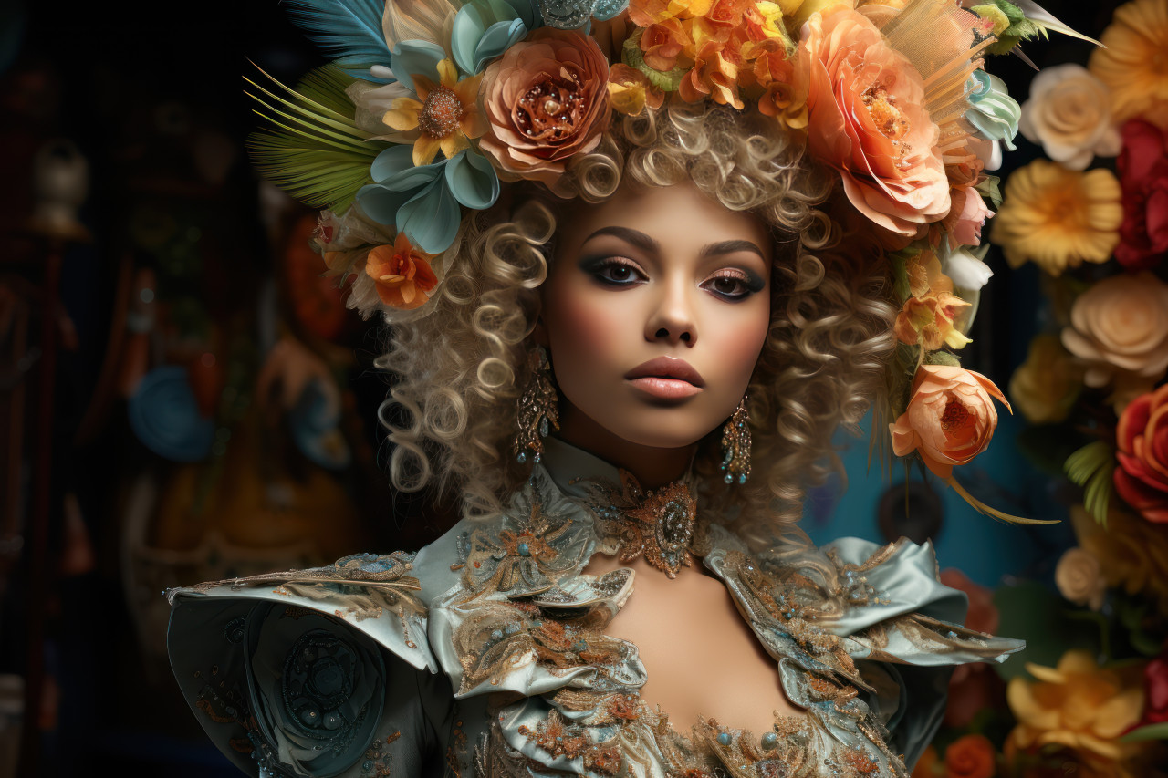 Floral costumes transforming the scene, colorful carnival images