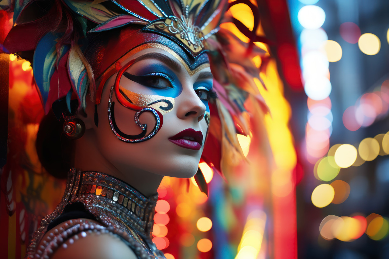 Carnival scene woman adorned in neon and mask, carnival festival pictures