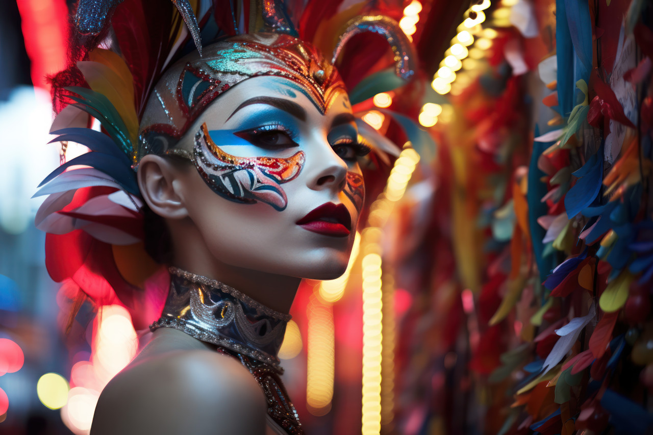 Glowing carnival woman in vibrant mask and neon lights, carnival festival pictures