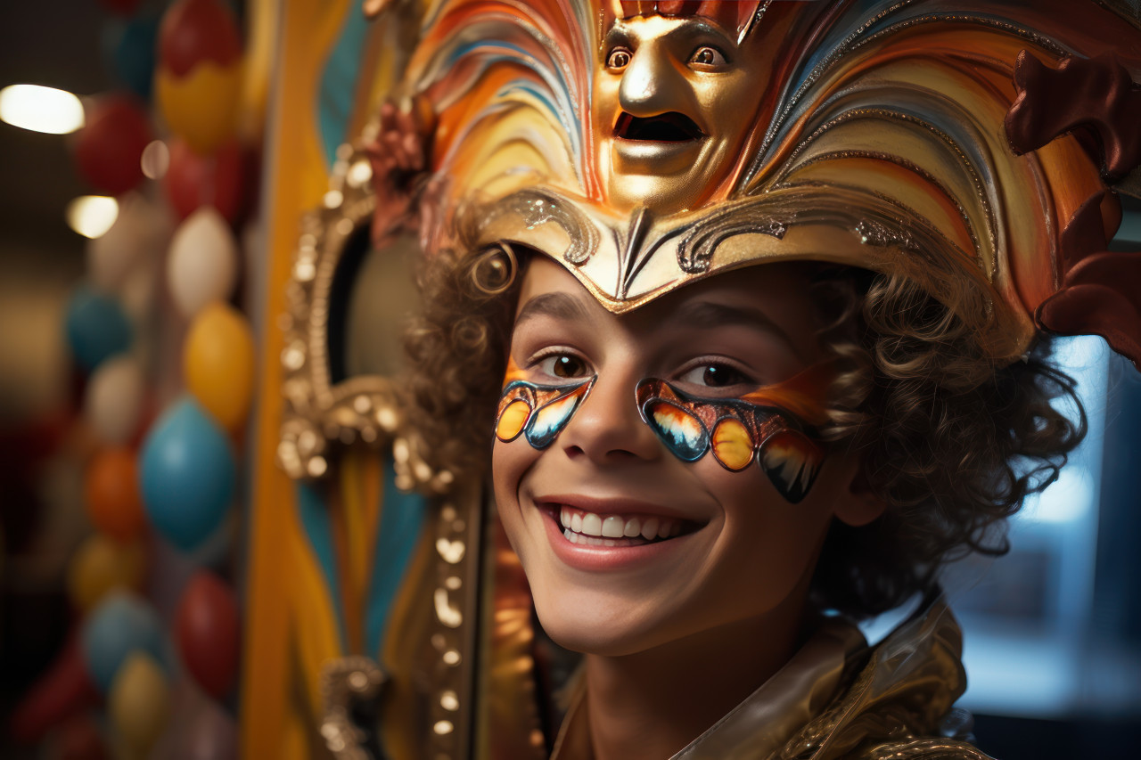 Man in mask distorted by funhouse mirror, carnival festival pictures