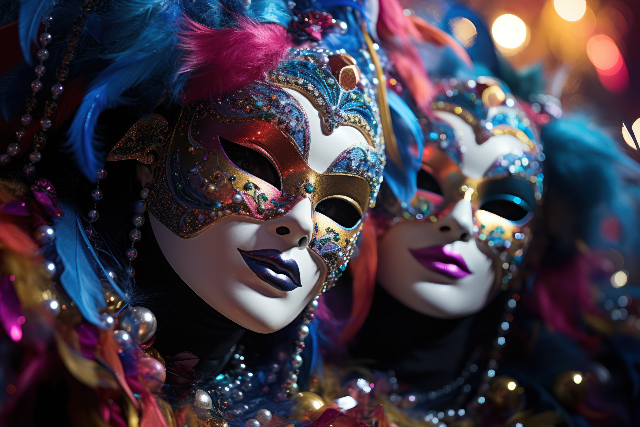 Enchanting masked ball amidst iridescent bubbles, festive carnival photos