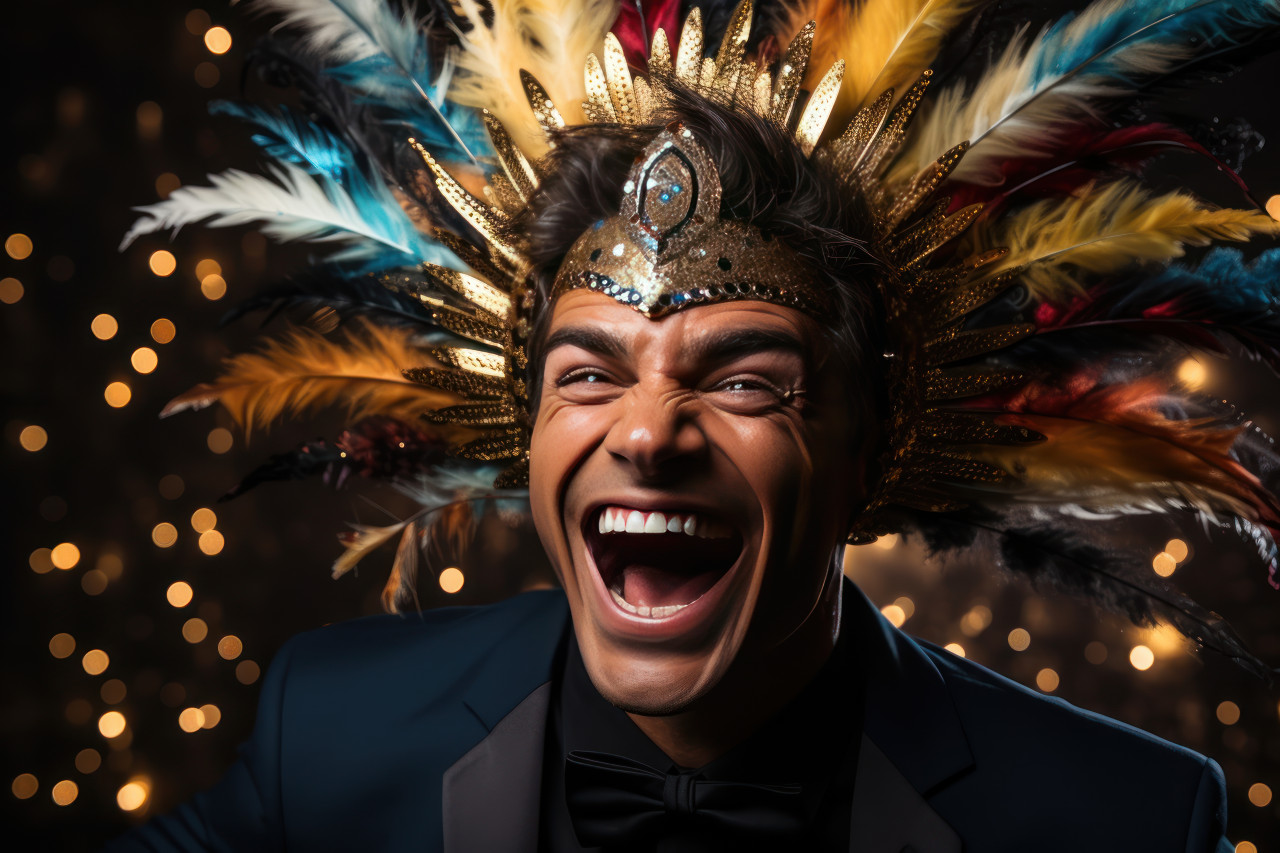 Explosive carnival masked man amidst dazzling fireworks, festive carnival photos