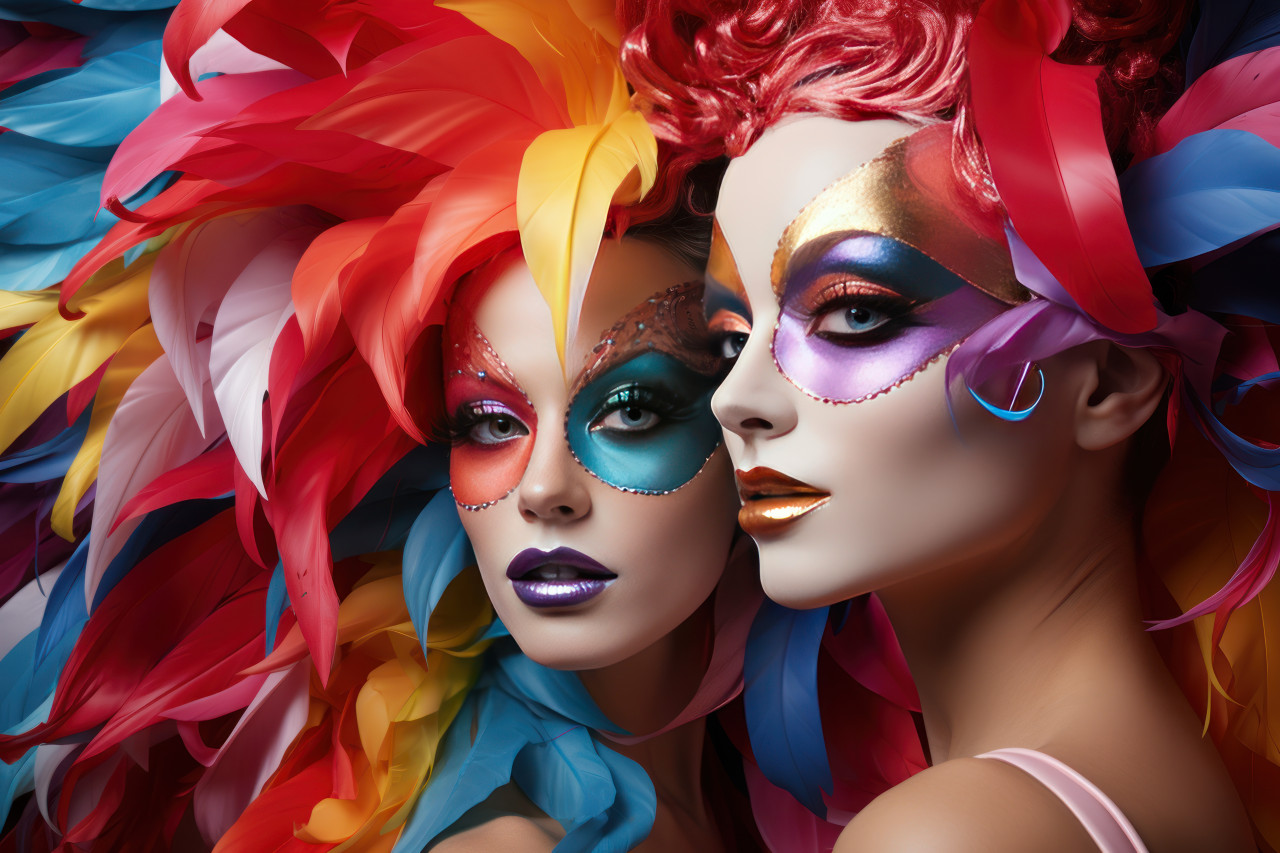 Graceful masked aerialists carnival elegance, colorful carnival images