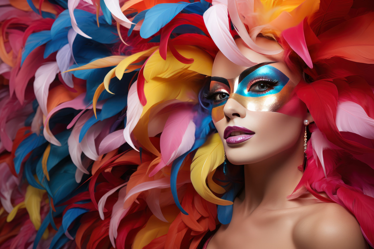 Colorful aerial artistry masked performers in carnival, colorful carnival images