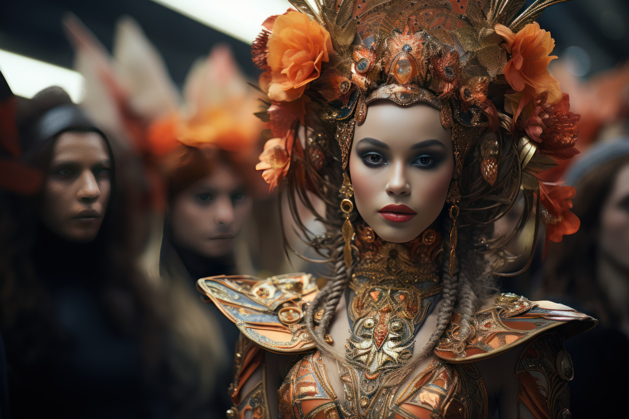 Attendees in luxurious gold accented costumes, colorful carnival images