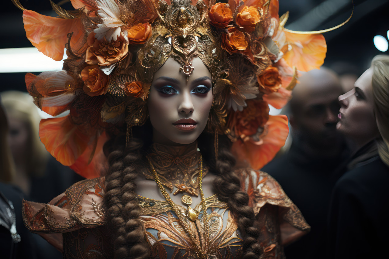 Attendees dressed in elaborate costumes, colorful carnival images