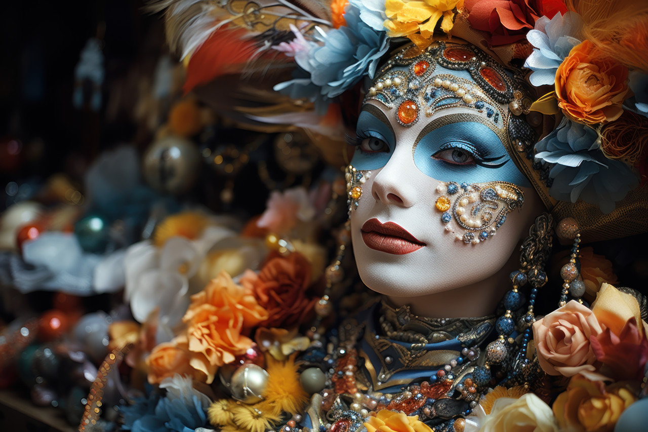 Colorful venetian bazaar masks fabrics and trinkets, carnival festival pictures