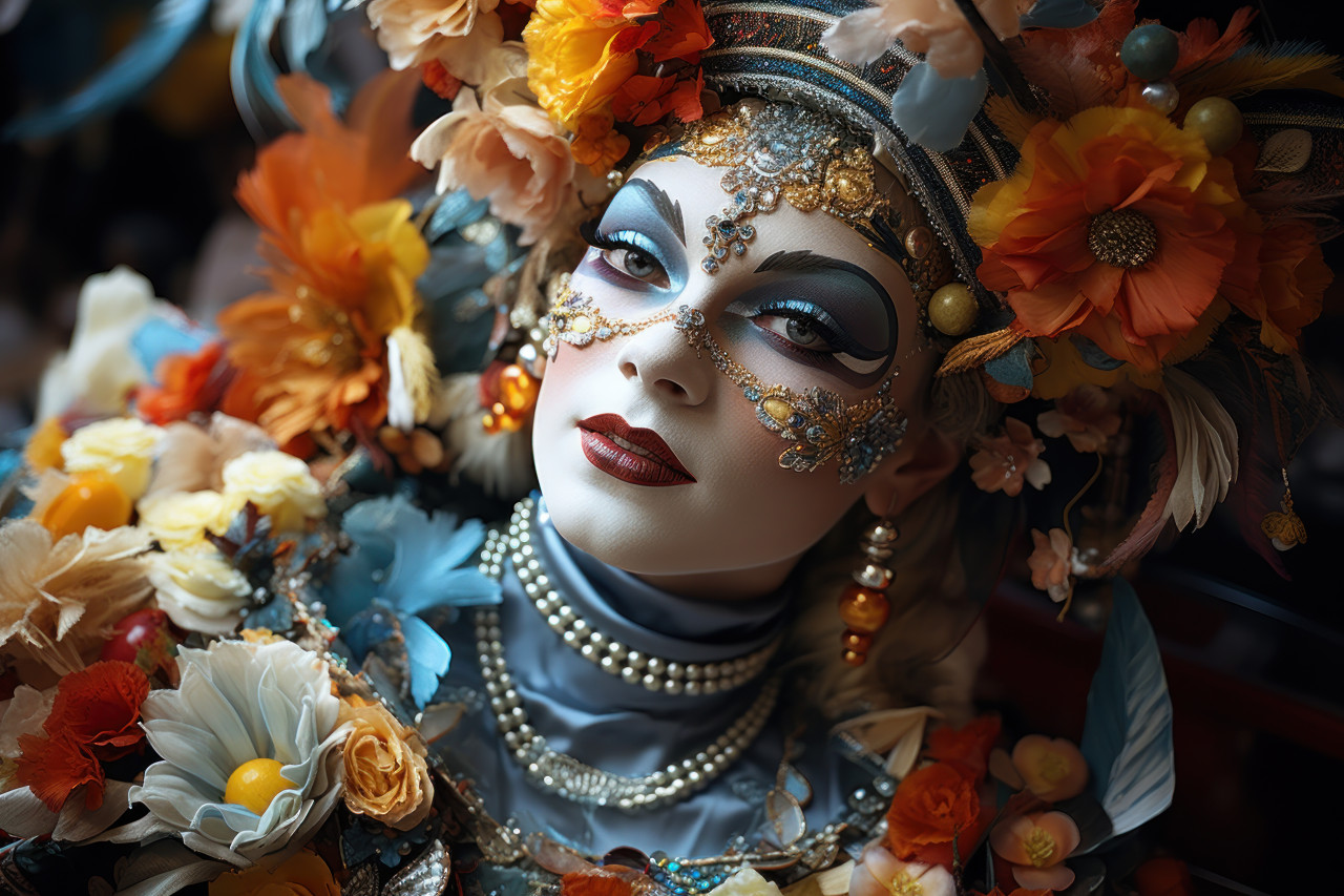 Bustling carnival bazaar masks fabrics and trinkets, carnival festival pictures