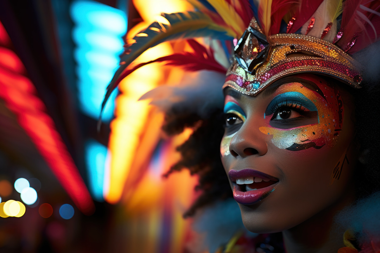Graffiti inspired carnival mask woman engages in night run, colorful carnival images
