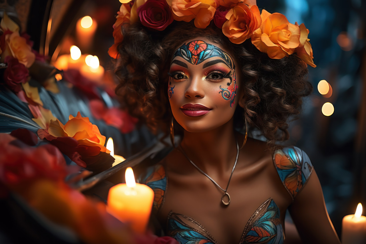 Enchanted carnival pond woman embraces festive delights in mask, carnival festival pictures