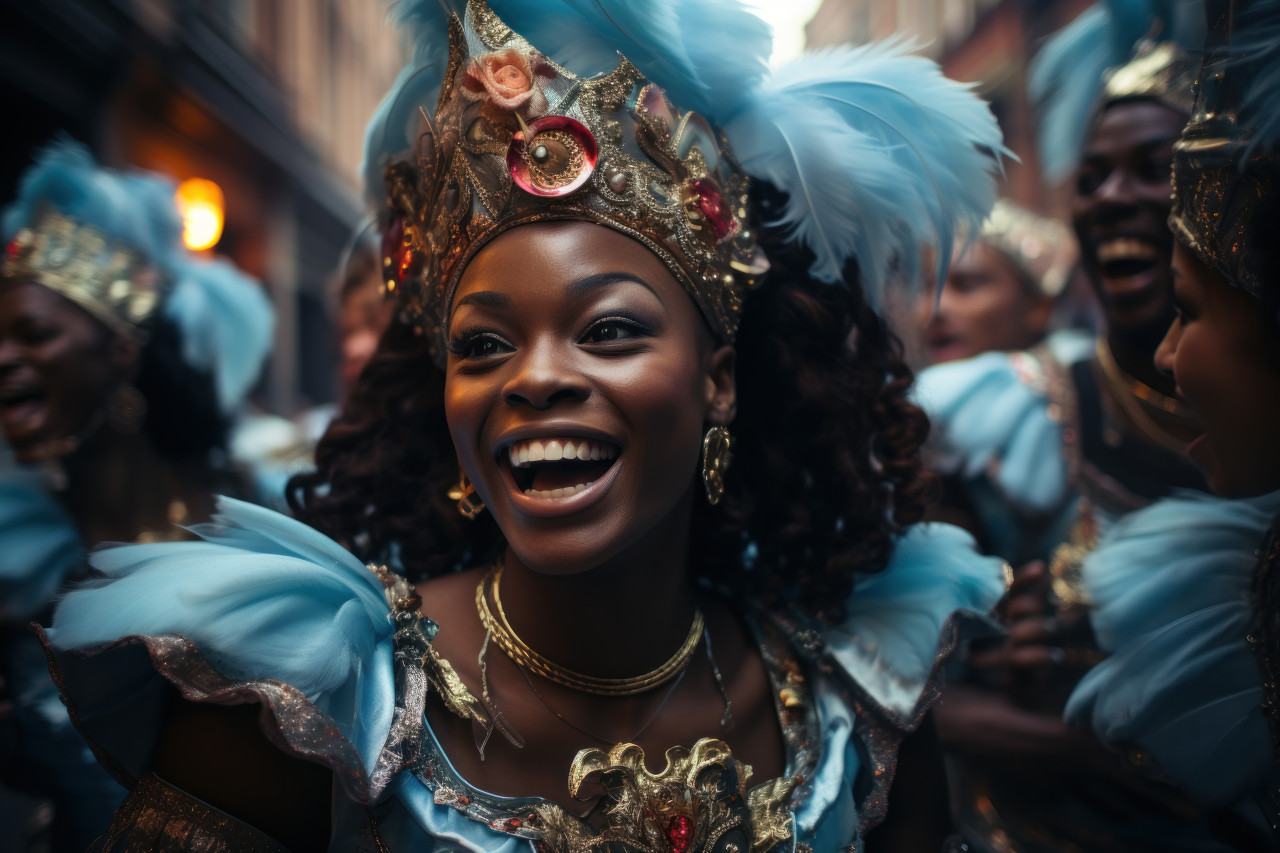 Street carnival celebration energetic parade with musicians and dancers, festive carnival photos