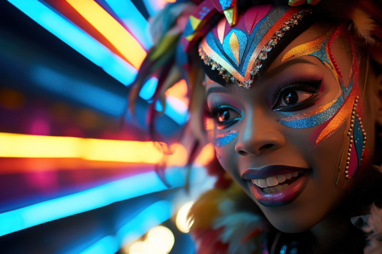 Glowing carnival mask woman takes part in vibrant nighttime run, colorful carnival images