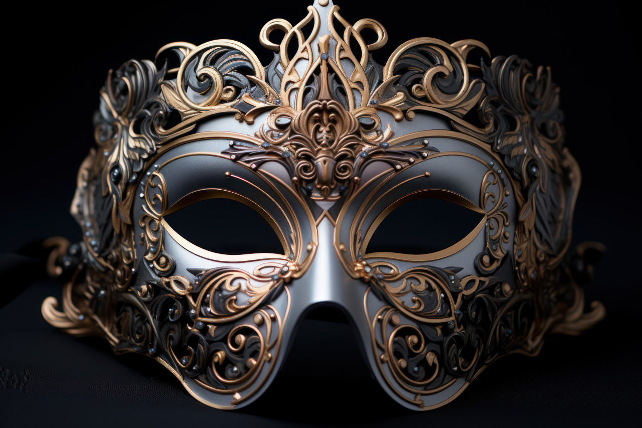 Design capturing the details of a silver bauta mask, carnival festival pictures
