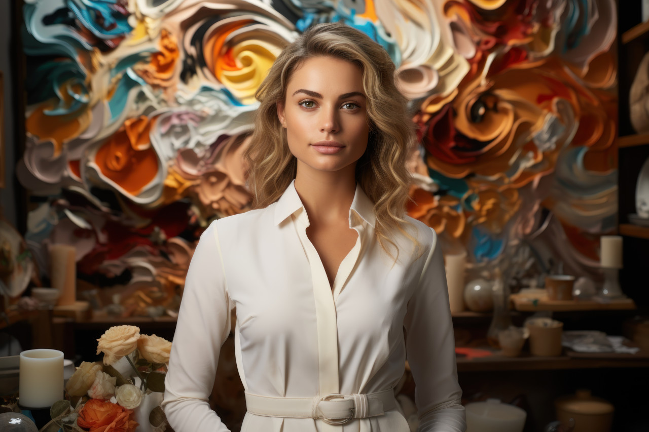 Businesswoman in the realm of paintings and sculptures, girl power image