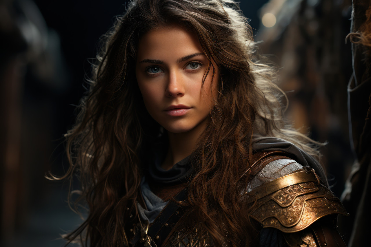 Woman donning armor of fearless leadership, female empowerment image