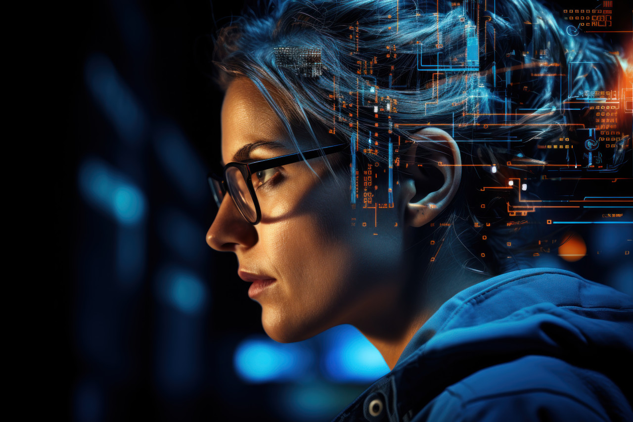 Innovative coding woman mastering technology, girl power image