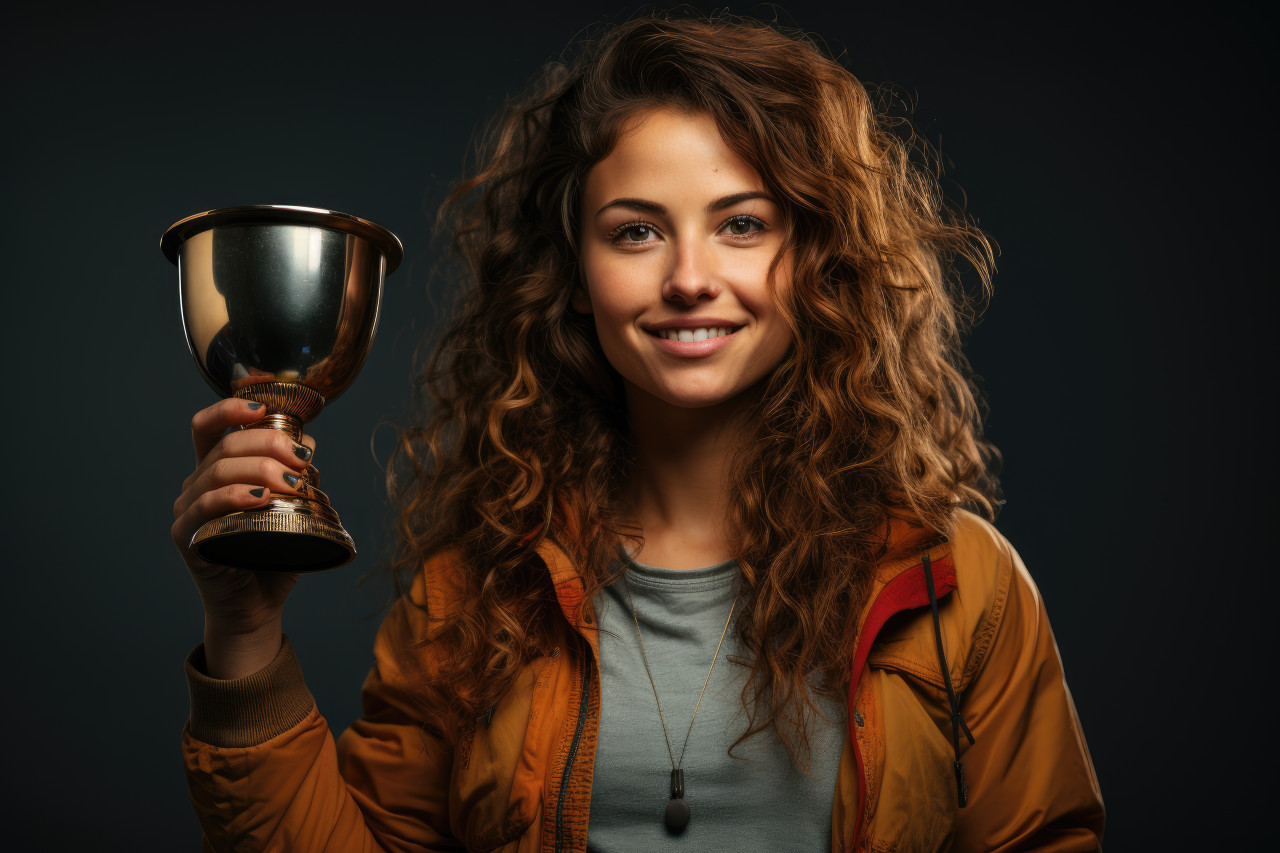 Euphoric achievement woman raises trophy, girl power image