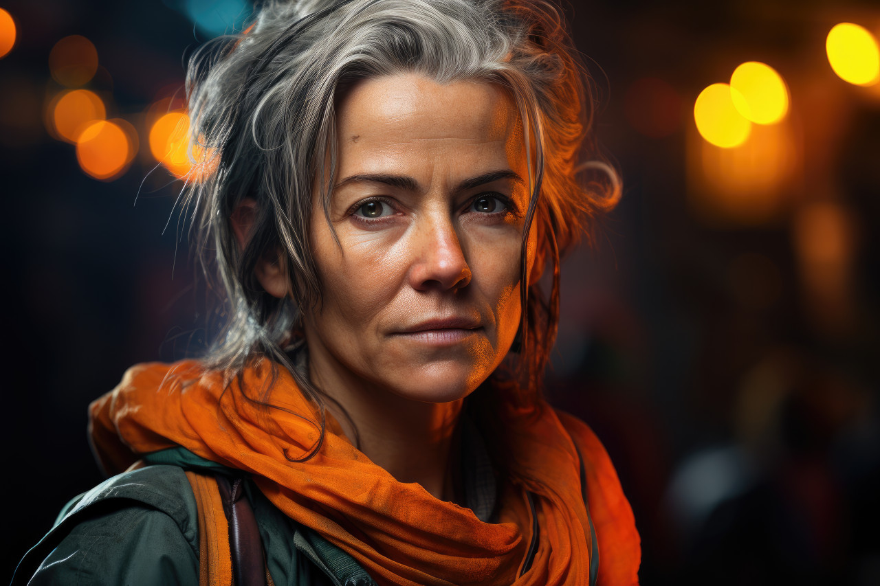 Rebel in neon woman exuding strength in cyberpunk environment, girl power image