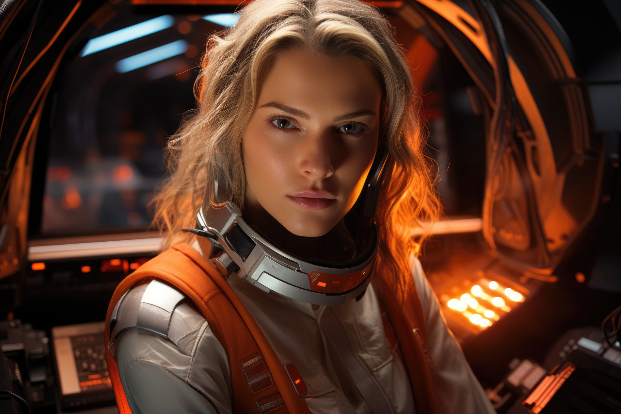 Woman surrounded by futuristic technology, girl power image