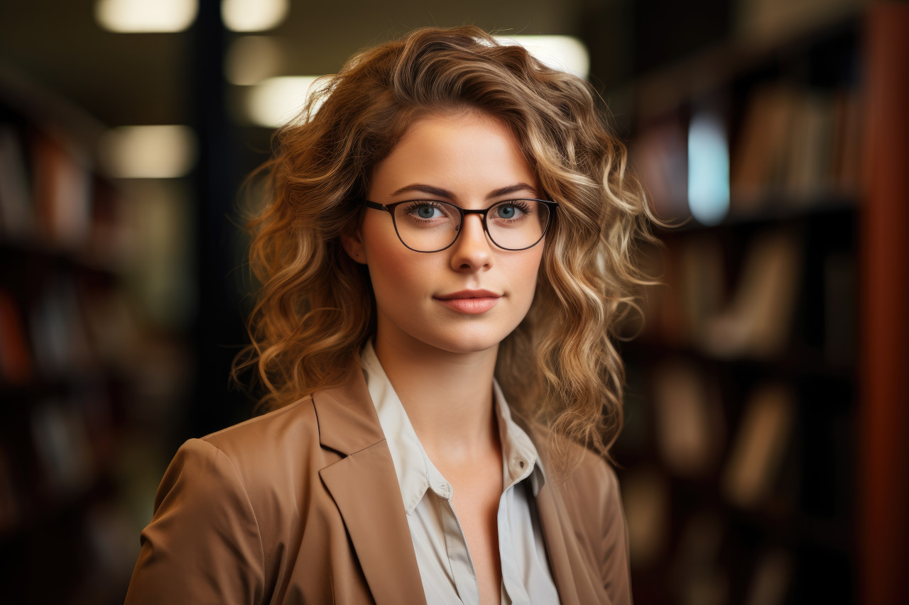 Empowered by education confident woman in library setting, girl power image