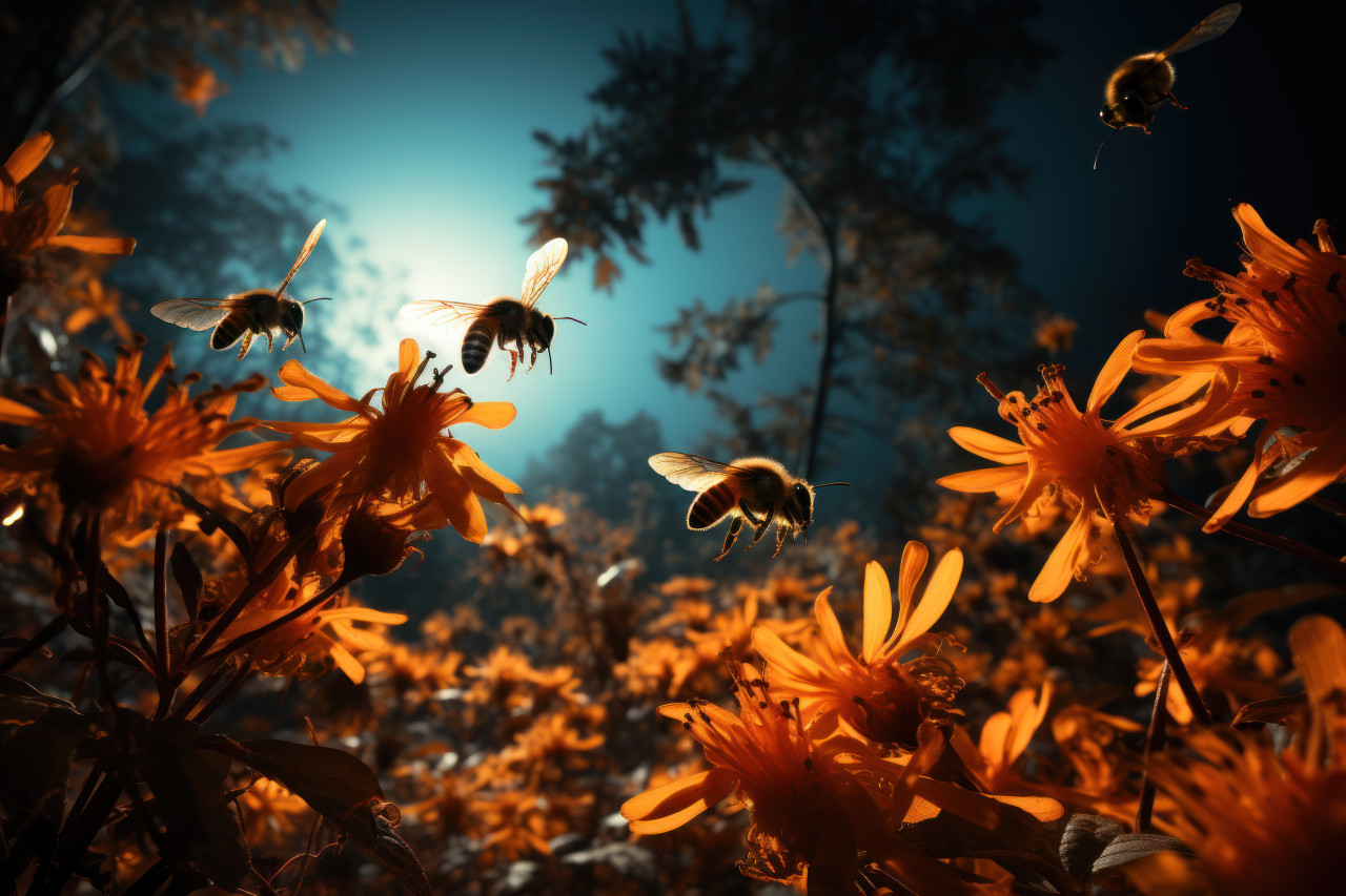 Bees dedicated to their duties in moonlight, outdoor session images
