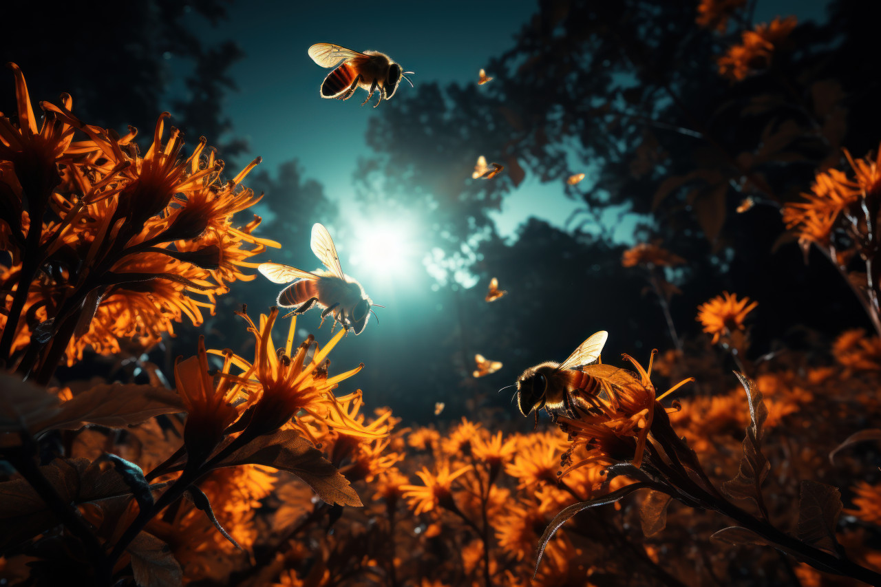 Midnight harvest bees collecting under the radiance of the full moon, spring session photos