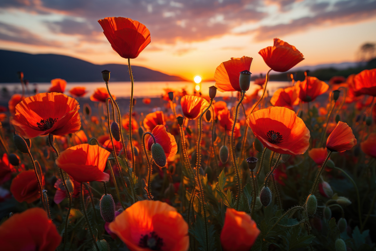 Mystic sunset vast poppy field awash in warmth, spring session photos