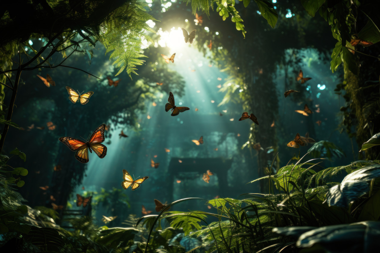 Butterflies dancing in sunlit forest, spring session photos
