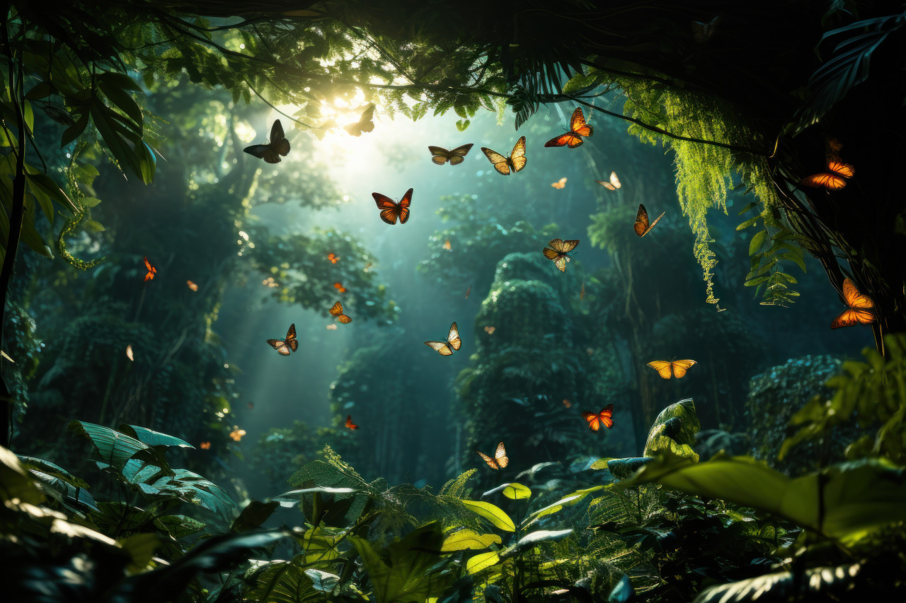 Butterflies amidst soft sunlight and trees, spring session photos