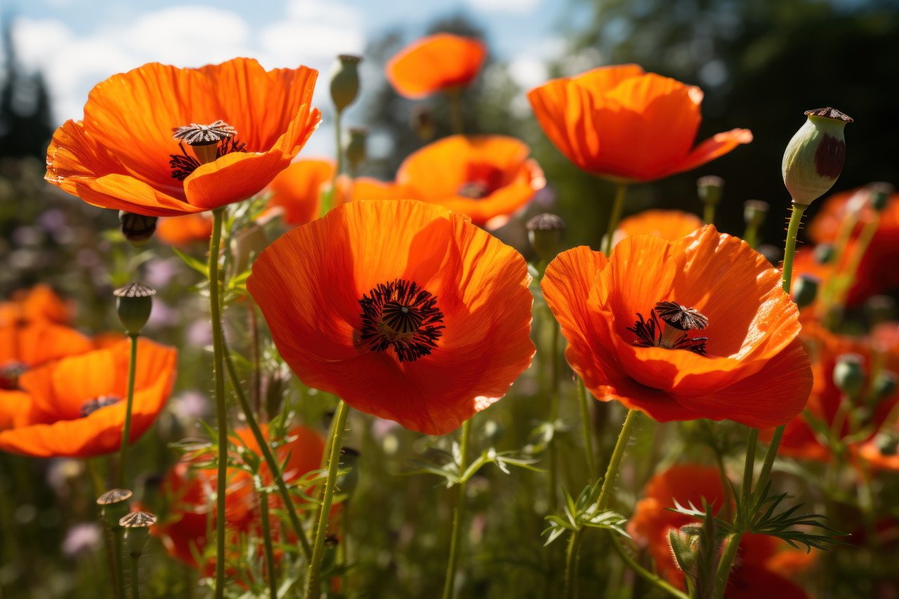 Bees gathering pollen from vibrant poppies, spring session photos