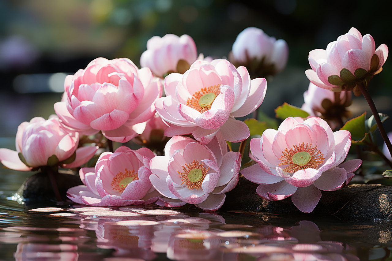 Reflections lotus blossoms in zen garden peace, spring session photos