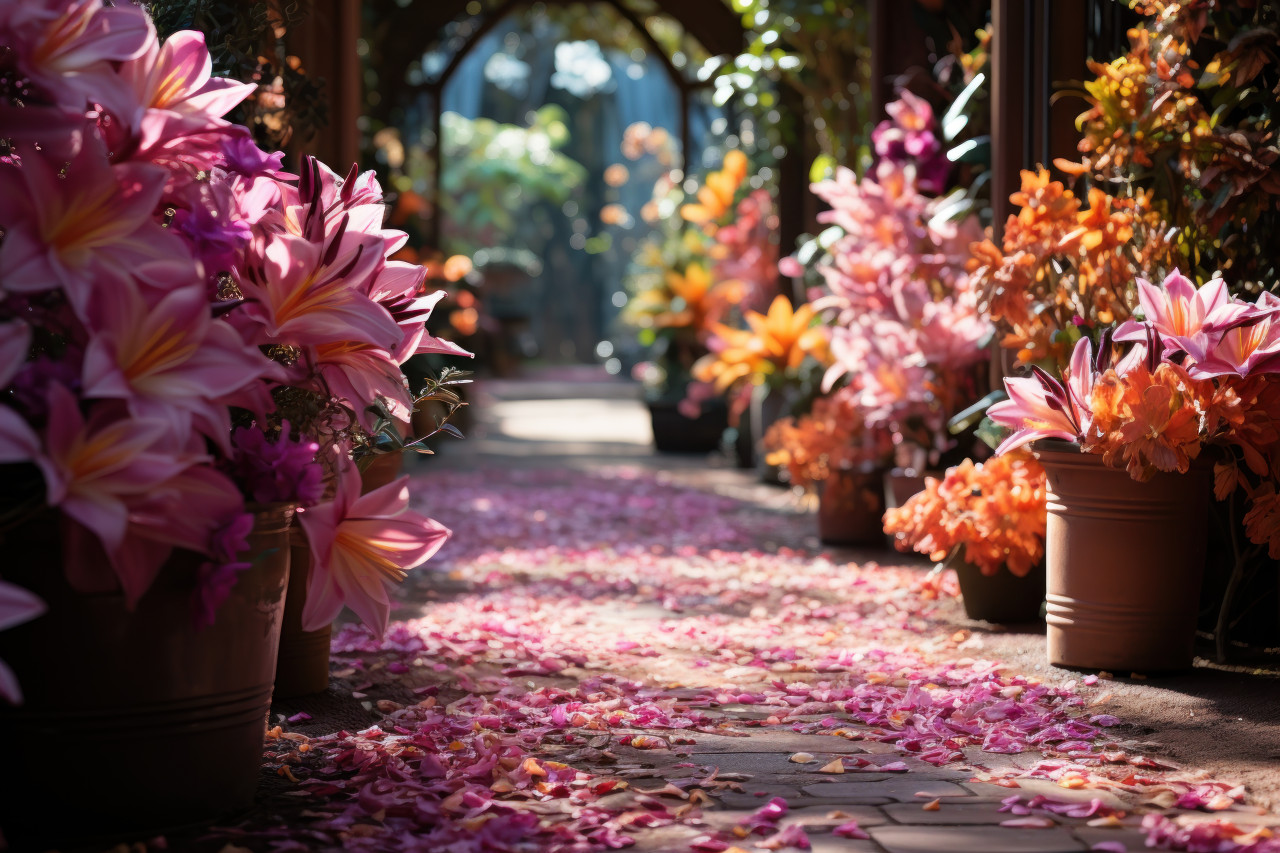 Scattered petals leading to garden, spring session photos