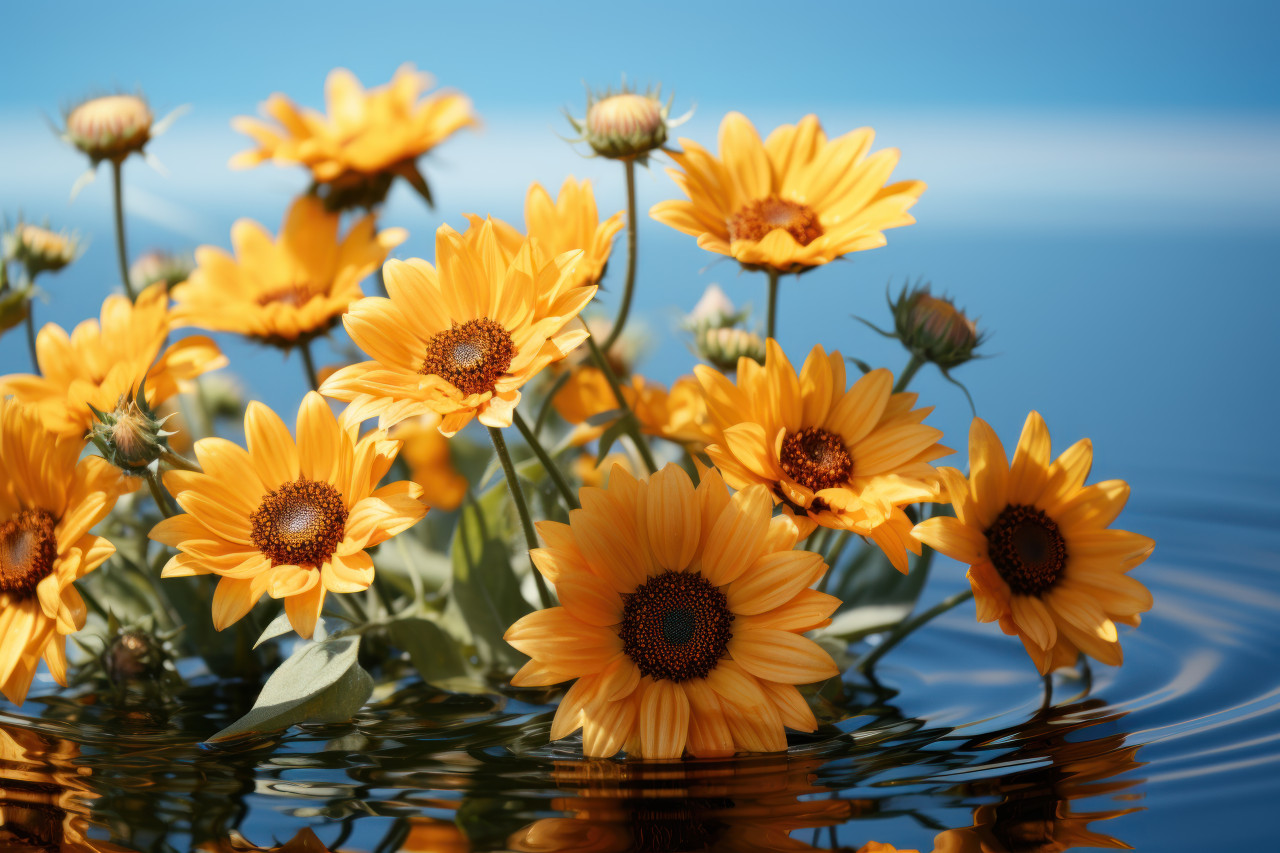 Sunflowers serenity floating in pond embrace, spring session photos