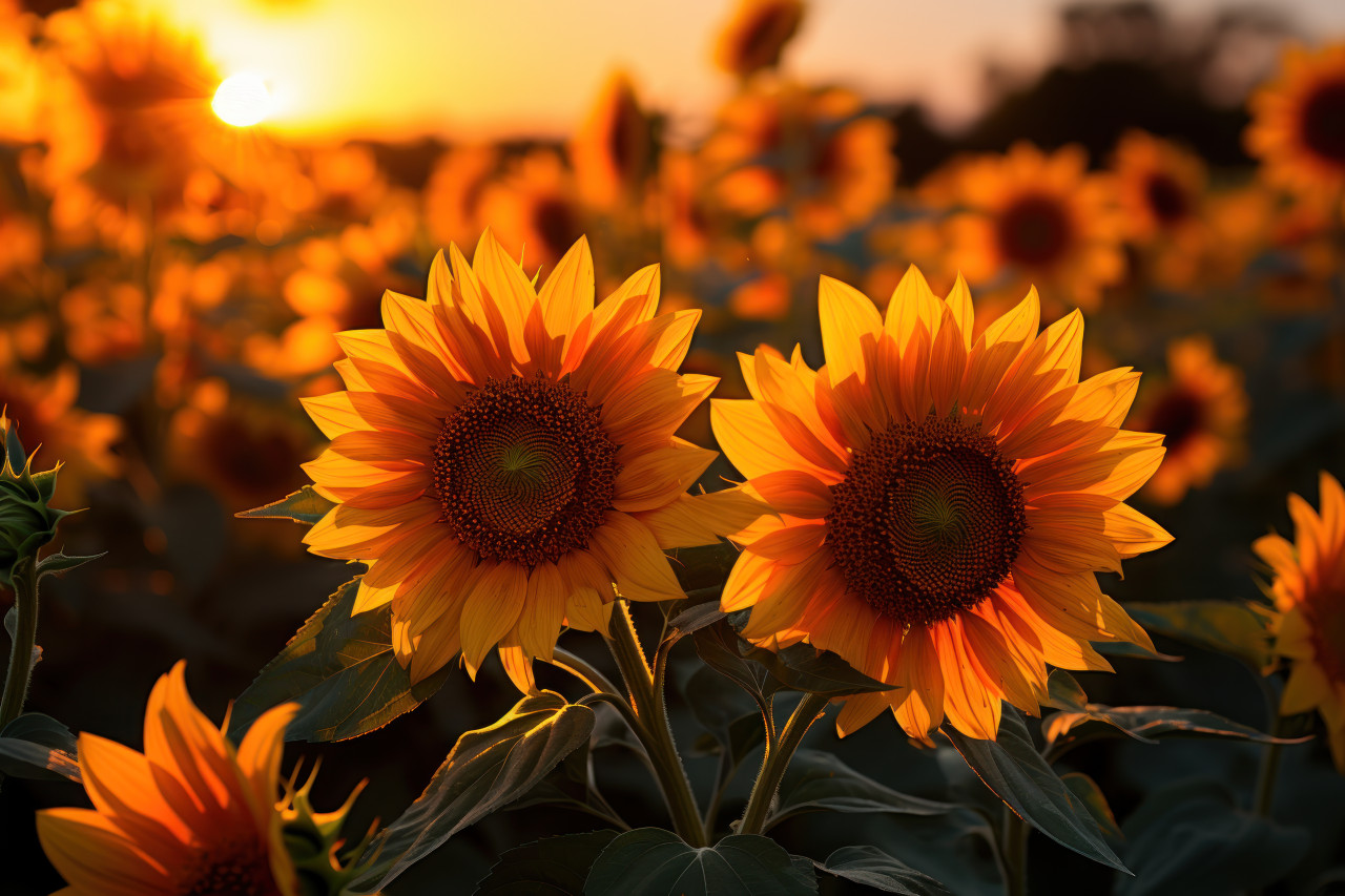 Elegance sunflowers bathed in setting sun glow, spring session photos