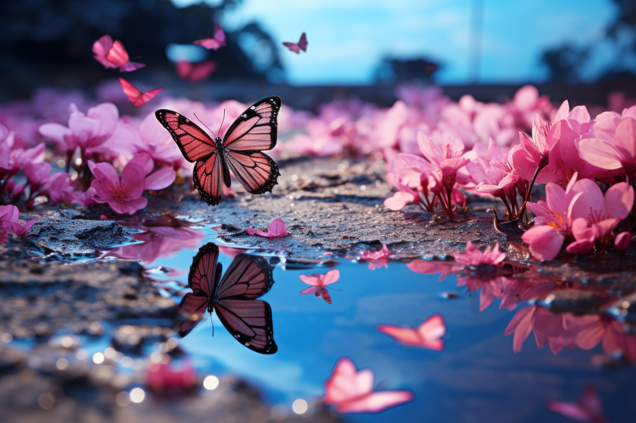 Butterfly alight on sky reflecting pool, spring session photos