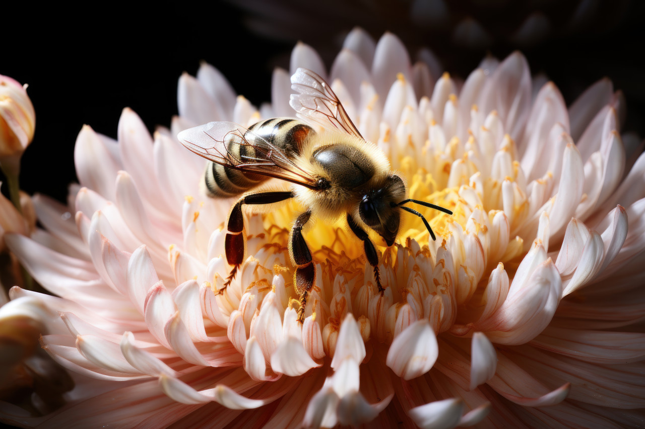 Bee delicate landing for sweet nectar, spring session photos