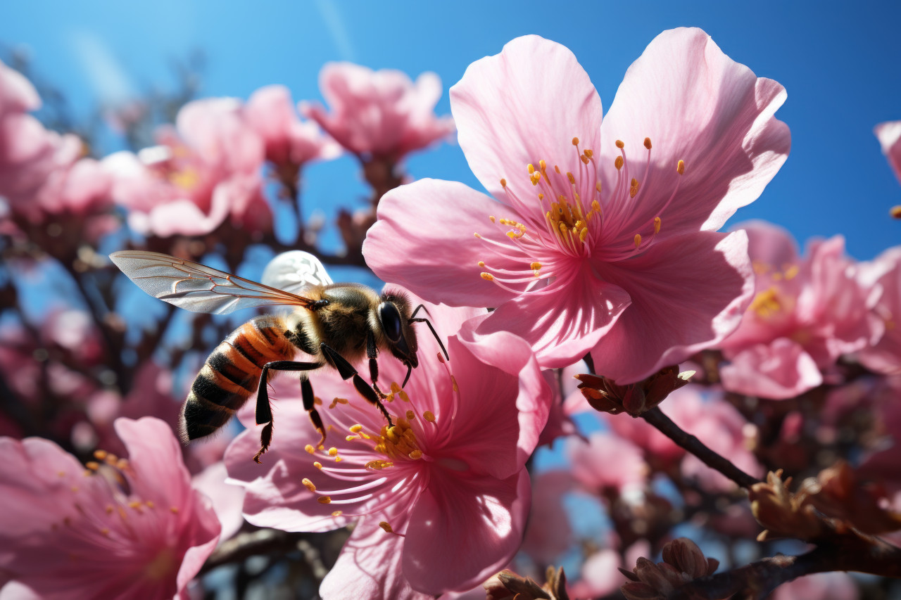 Bumblebee in mid flight amid spring flowers, spring session photos